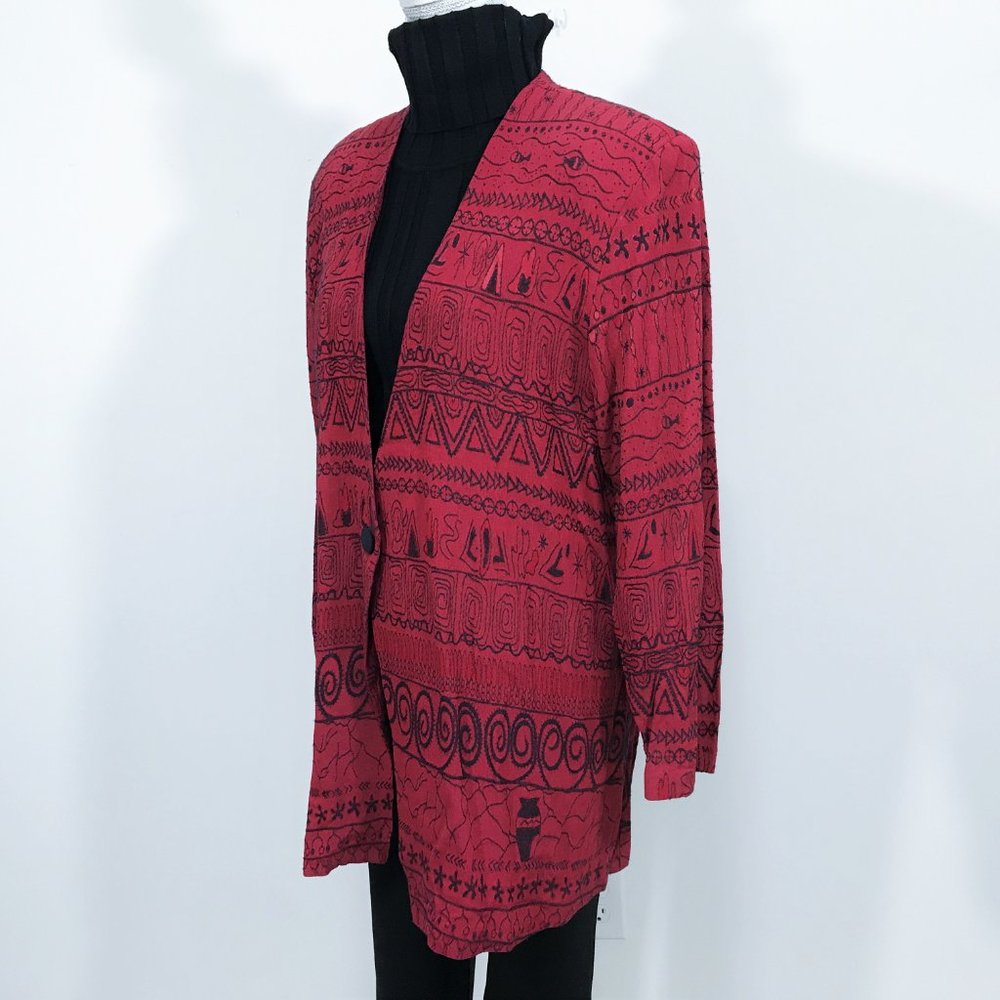Vintage Hayley Michaels Open Front Blazer Red Black Southwestern Print L